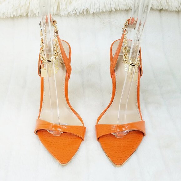 Nicely Lock Chain Strap High Heels Metal Toe Tip Orange Super Cute - Picture 10 of 13